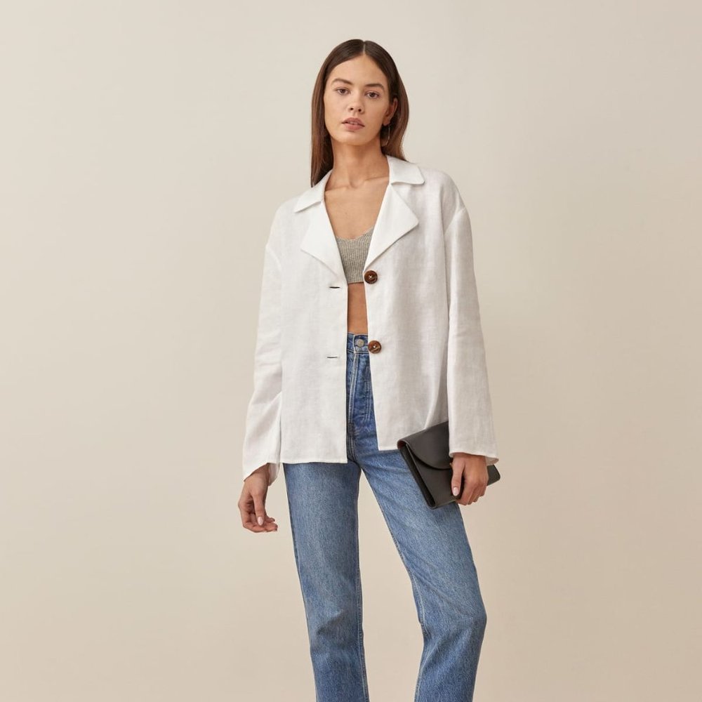 Reformation White Linen Button-Down Jacket with Brown Buttons - Picture 2 of 6